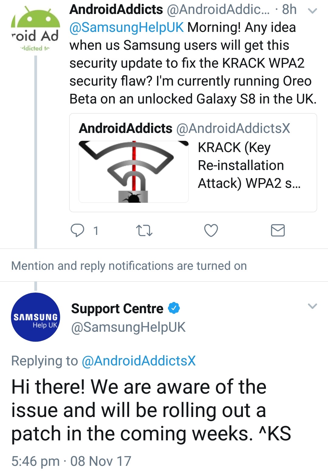 KRACK WPA2 Samsung Reply