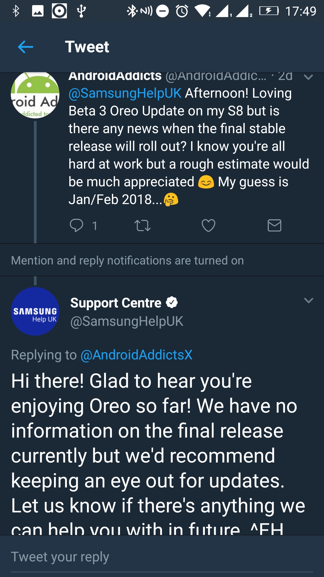 samsung support oreo beta confirmation