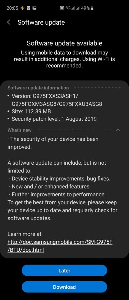 samsung galaxy s10 august 2019 security update 1