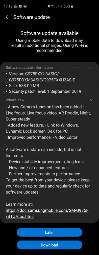 Samsung Galaxy S10 Firmware & Security Update – September 2019