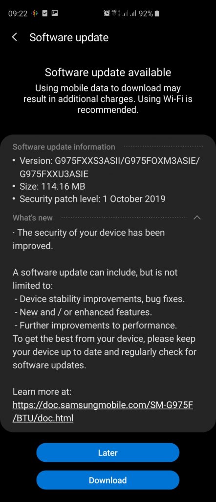 Samsung Galaxy S10 Firmware & Security Update – October 2019